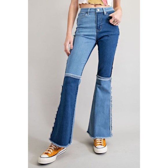 easel Jeans Easel Dark Denim Color Block Patterned Flared Zip Fly
